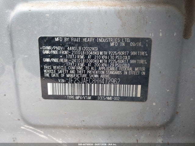 2017 Subaru Forester 2.5i Premium მანქანა იყიდება აუქციონზე, vin: JF2SJAEC8HH472962, აუქციონის ნომერი: 44795534