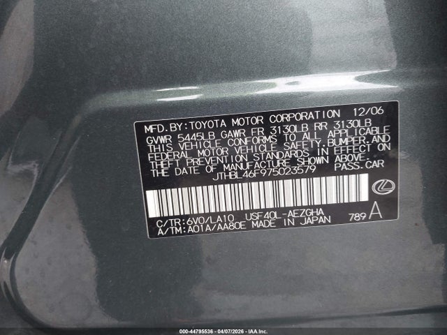 Продаж на аукціоні авто 2007 Lexus Ls 460, vin: JTHBL46F975023579, номер лоту: 44795536