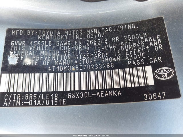 2007 TOYOTA AVALON 4T1BK36B07U233288 Photo 8