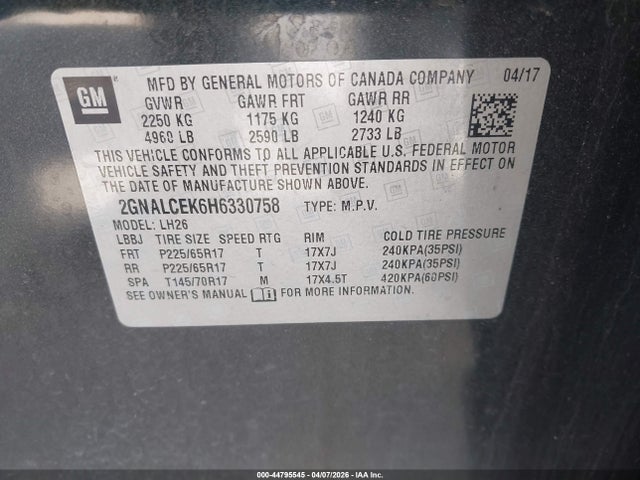 Chevrolet EQUINOX LT 2017 2GNALCEK6H6330758 Image 9