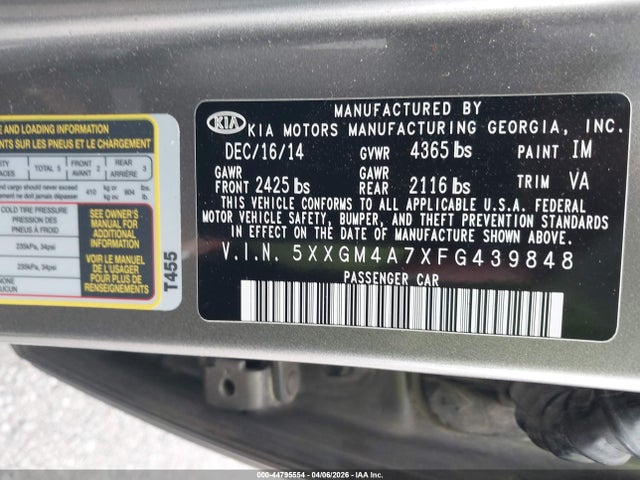 2015 Kia Optima Lx მანქანა იყიდება აუქციონზე, vin: 5XXGM4A7XFG439848, აუქციონის ნომერი: 44795554