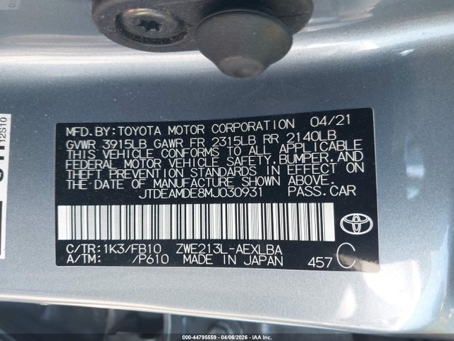 JTDEAMDE8MJ030931 Toyota Corolla Hybrid Le