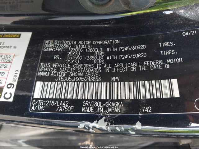44795569 :رقم المزاد ، JTEDU5JRXM5243853 vin ، 2021 Toyota 4runner Limited مزاد بيع