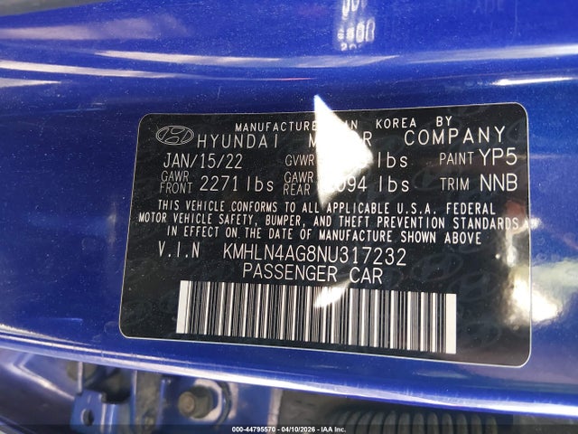 2022 Hyundai Elantra Sel მანქანა იყიდება აუქციონზე, vin: KMHLN4AG8NU317232, აუქციონის ნომერი: 44795570