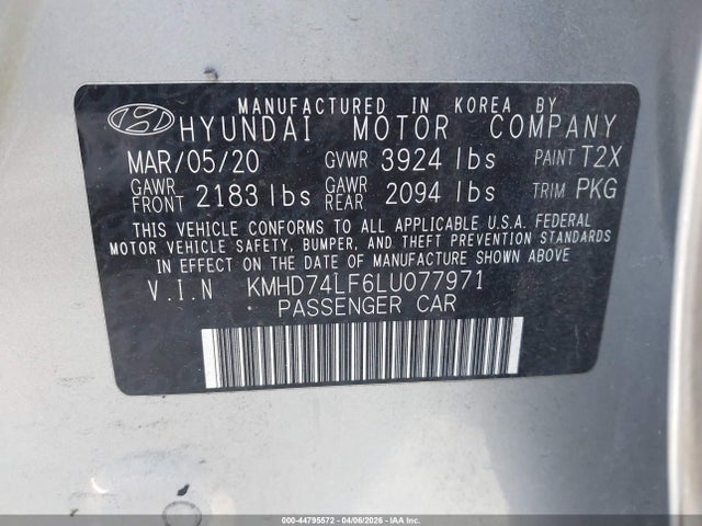 Aukcja sprzedaży 2020 Hyundai Elantra Se, vin: KMHD74LF6LU077971, numer aukcji: 44795572