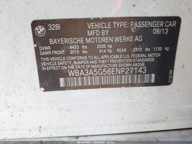 2014 Bmw 328i მანქანა იყიდება აუქციონზე, vin: WBA3A5G56ENP27143, აუქციონის ნომერი: 44795578