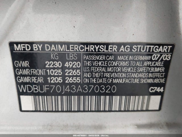 Aukcja sprzedaży 2003 Mercedes-benz E 500, vin: WDBUF70J43A370320, numer aukcji: 44795581