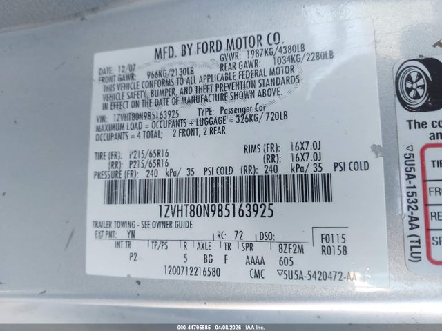 Aukcja sprzedaży 2008 Ford Mustang V6 Deluxe/v6 Premium, vin: 1ZVHT80N985163925, numer aukcji: 44795585