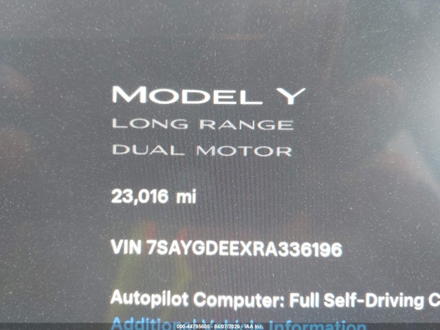 44795605 :رقم المزاد ، 7SAYGDEEXRA336196 vin ، 2024 Tesla Model Y Long Range Dual Motor All-wheel Drive مزاد بيع