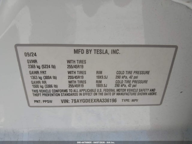 44795605 :رقم المزاد ، 7SAYGDEEXRA336196 vin ، 2024 Tesla Model Y Long Range Dual Motor All-wheel Drive مزاد بيع