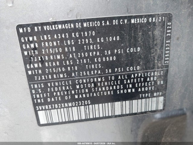 44795615 :رقم المزاد ، 3VVRX7B2XNM023205 vin ، 2022 Volkswagen Taos 1.5t Se مزاد بيع