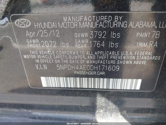 Продажа на аукционе авто 2013 Hyundai Elantra Gls/limited, vin: 5NPDH4AE0DH171609, номер лота: 44795617