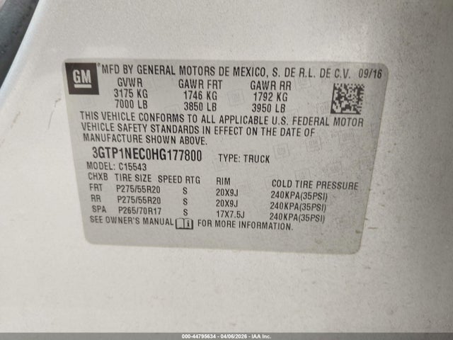 44795634 :رقم المزاد ، 3GTP1NEC0HG177800 vin ، 2017 Gmc Sierra 1500 Slt مزاد بيع