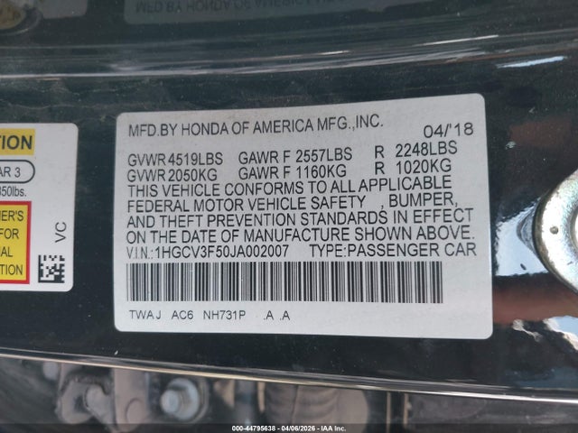 1HGCV3F50JA002007 Honda Accord Hybrid Ex-l