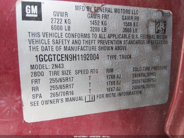 44795641 :رقم المزاد ، 1GCGTCEN9H1192004 vin ، 2017 Chevrolet Colorado Lt مزاد بيع