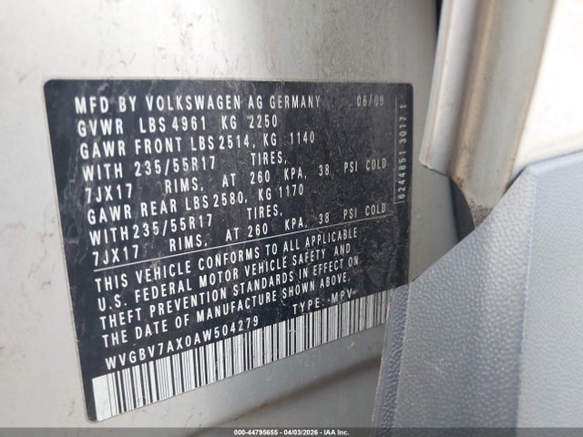 Auction sale of the 2010 Volkswagen Tiguan Se, vin: WVGBV7AX0AW504279, lot number: 44795655