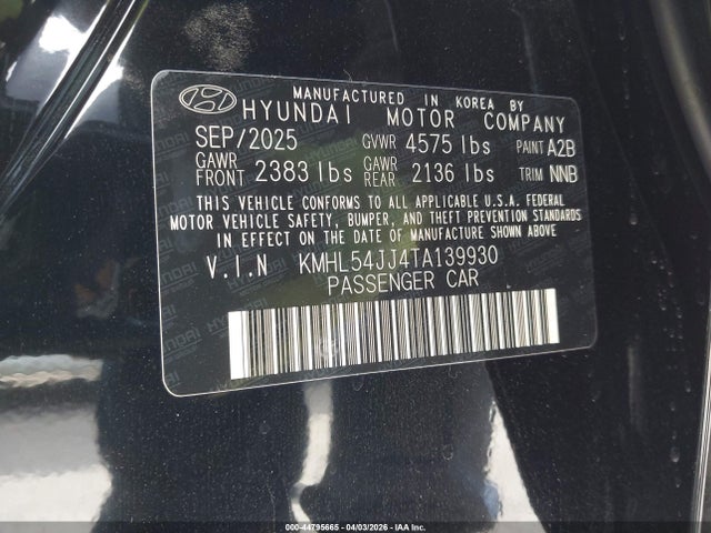 Продаж на аукціоні авто 2026 Hyundai Sonata Hybrid Limited, vin: KMHL54JJ4TA139930, номер лоту: 44795665