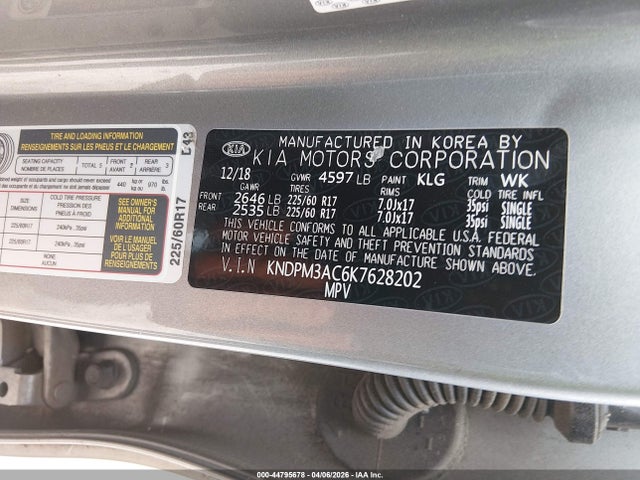 44795678 :رقم المزاد ، KNDPM3AC6K7628202 vin ، 2019 Kia Sportage Lx مزاد بيع