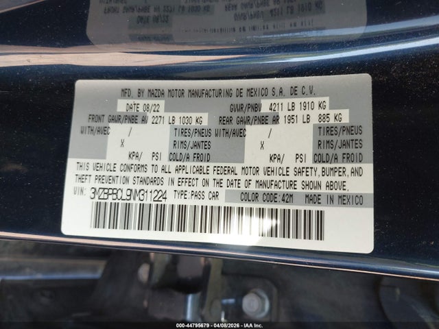 Продажа на аукционе авто 2022 Mazda Mazda3 Preferred, vin: 3MZBPBCL9NM311224, номер лота: 44795679