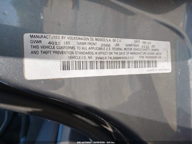 Продажа на аукционе авто 2011 Volkswagen Jetta 2.0l S, vin: 3VW1K7AJ6BM305272, номер лота: 44795680
