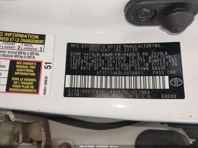 Aukcja sprzedaży 2020 Toyota Camry Le, vin: 4T1C11AK9LU938801, numer aukcji: 44795688