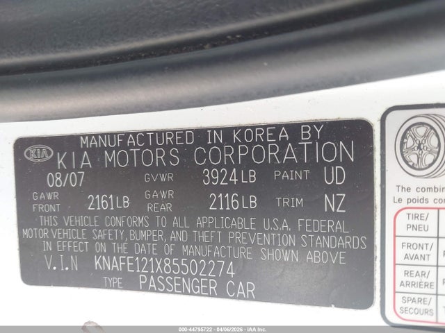 44795722 :رقم المزاد ، KNAFE121X85502274 vin ، 2008 Kia Spectra Ex مزاد بيع