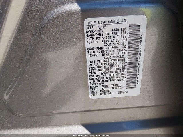Aukcja sprzedaży 2012 Nissan Rogue S, vin: JN8AS5MT9CW612882, numer aukcji: 44795727
