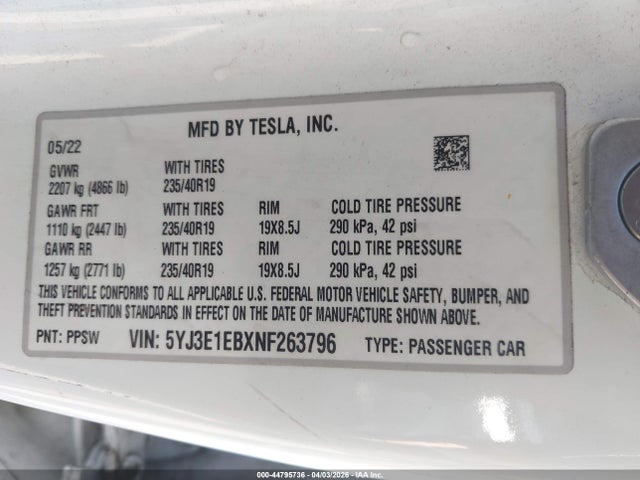 44795736 :رقم المزاد ، 5YJ3E1EBXNF263796 vin ، 2022 Tesla Model 3 Long Range Dual Motor All-wheel Drive مزاد بيع