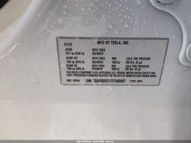 44795740 :رقم المزاد ، 7SAYGDEE1TF340907 vin ، 2026 Tesla Model Y Long Range Launch Series/premium All-wheel Drive مزاد بيع
