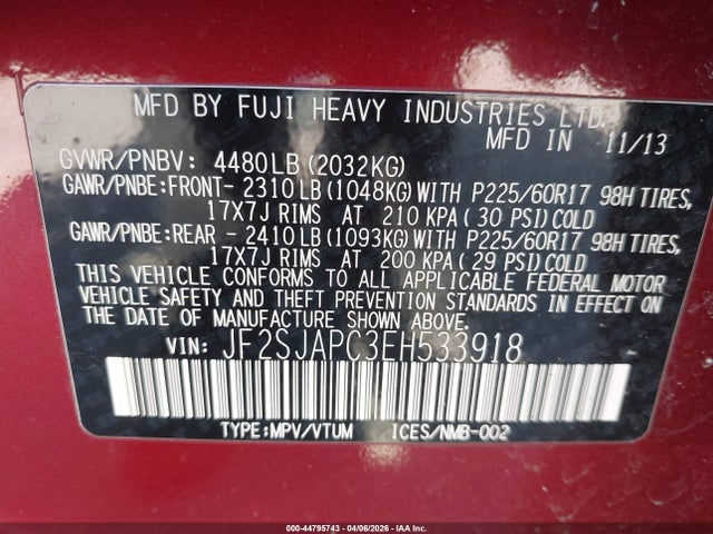 Aukcja sprzedaży 2014 Subaru Forester 2.5i Touring, vin: JF2SJAPC3EH533918, numer aukcji: 44795743