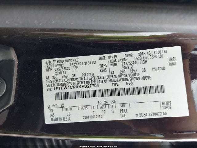 2019 Ford F-150 Xl მანქანა იყიდება აუქციონზე, vin: 1FTEW1CPXKFD27704, აუქციონის ნომერი: 44795758