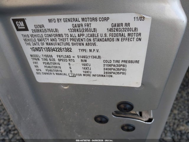 Продажа на аукционе авто 2004 Chevrolet Trailblazer Ls, vin: 1GNDT13S942261382, номер лота: 44795760