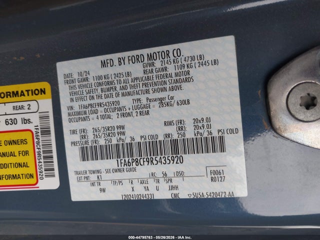 Продаж на аукціоні авто 2024 Ford Mustang Gt Premium Fastback, vin: 1FA6P8CF9R5435920, номер лоту: 44795763