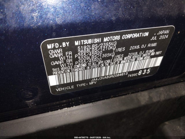 Aukcja sprzedaży 2024 Mitsubishi Outlander Se 2.5 2wd, vin: JA4J3VA80RZ084613, numer aukcji: 44795770