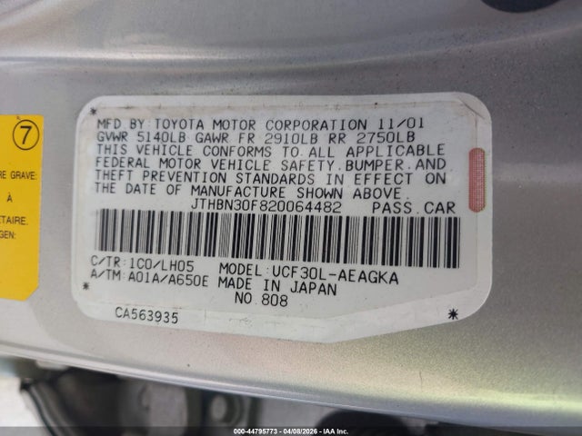 44795773 :رقم المزاد ، JTHBN30F820064482 vin ، 2002 Lexus Ls 430 مزاد بيع
