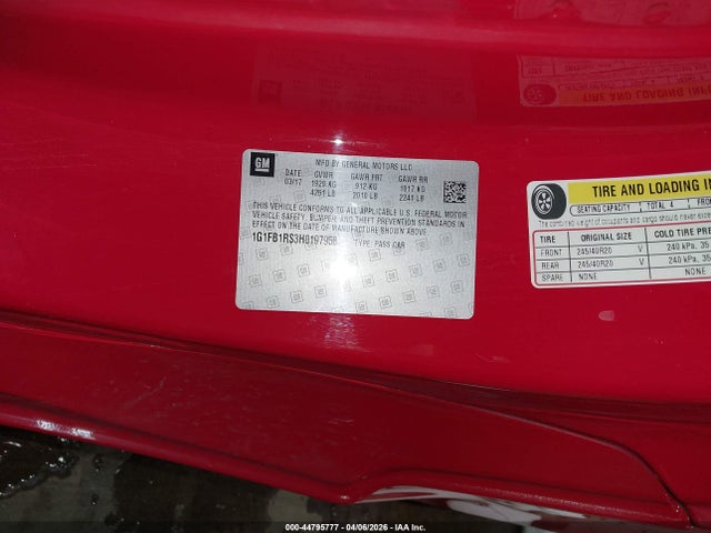 2017 Chevrolet Camaro 1lt მანქანა იყიდება აუქციონზე, vin: 1G1FB1RS3H0197958, აუქციონის ნომერი: 44795777