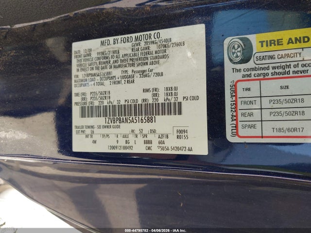 2010 Ford Mustang V6/v6 Premium მანქანა იყიდება აუქციონზე, vin: 1ZVBP8AN5A5165881, აუქციონის ნომერი: 44795782
