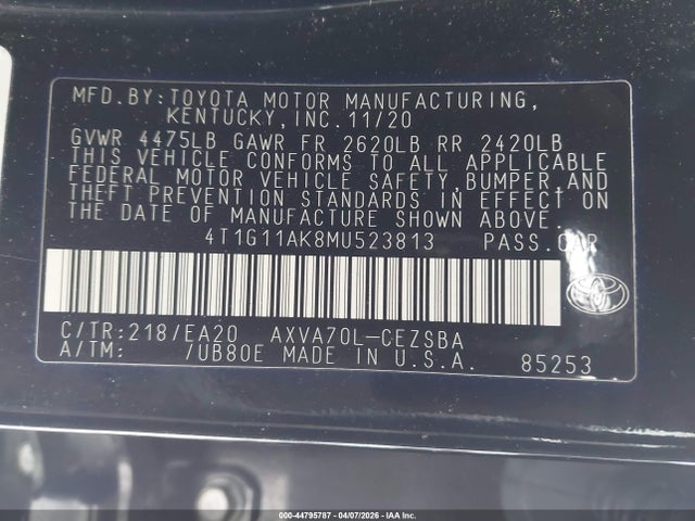 2021 Toyota Camry Se მანქანა იყიდება აუქციონზე, vin: 4T1G11AK8MU523813, აუქციონის ნომერი: 44795787