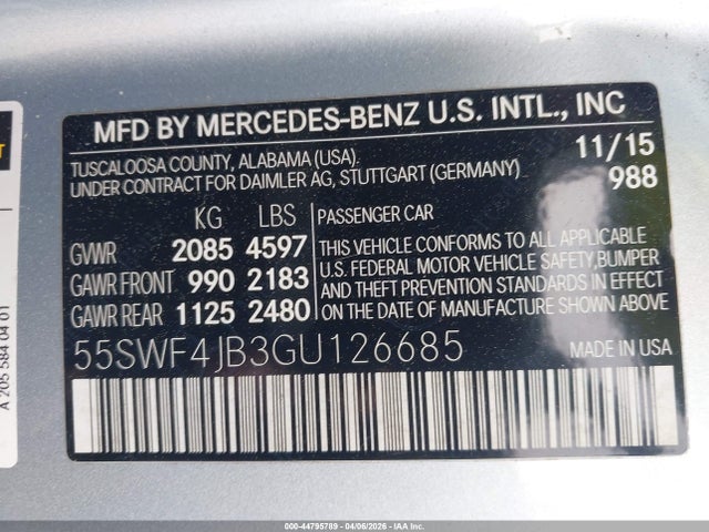 Auction sale of the 2016 Mercedes-benz C 300 Sport, vin: 55SWF4JB3GU126685, lot number: 44795789