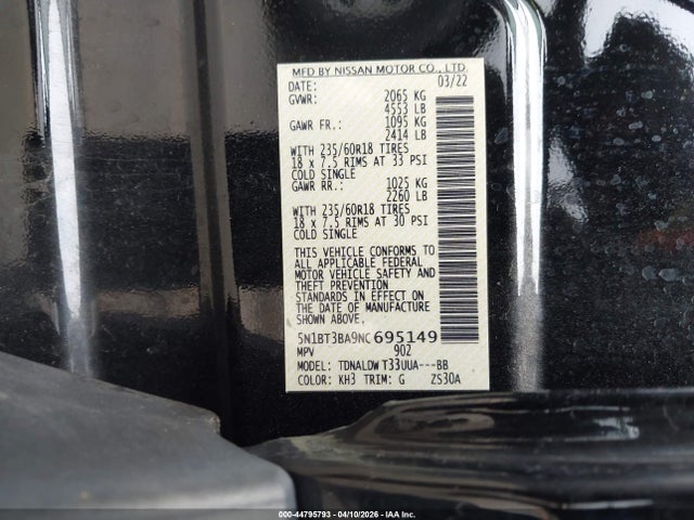 5N1BT3BA9NC695149 Nissan Rogue Sv Fwd