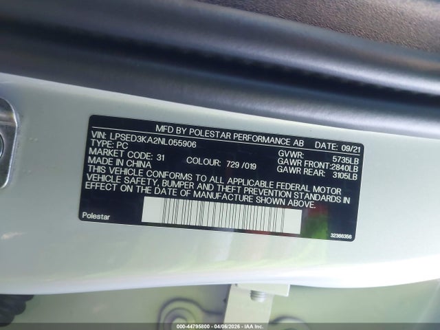 Продаж на аукціоні авто 2022 Polestar 2 Long Range Dual Motor, vin: LPSED3KA2NL055906, номер лоту: 44795800