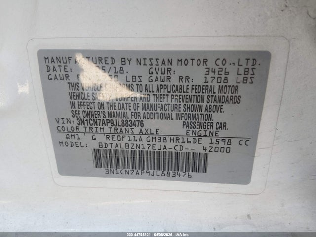3N1CN7AP9JL883476 Nissan Versa 1.6 Sv