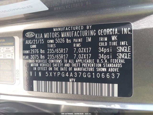 5XYPG4A37GG106637 KIA Sorento 2.4l L