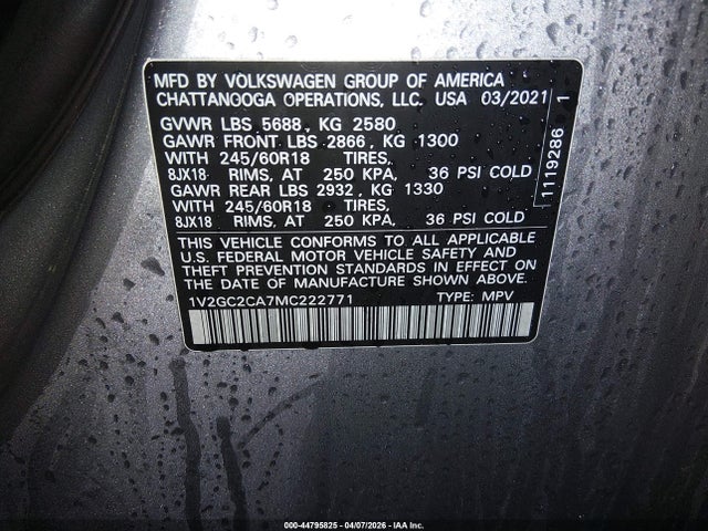 2021 Volkswagen Atlas Cross Sport 2.0t S მანქანა იყიდება აუქციონზე, vin: 1V2GC2CA7MC222771, აუქციონის ნომერი: 44795825
