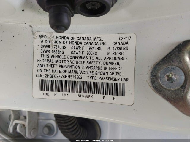 Продажа на аукционе авто 2017 Honda Civic Ex, vin: 2HGFC2F74HH519563, номер лота: 44795831