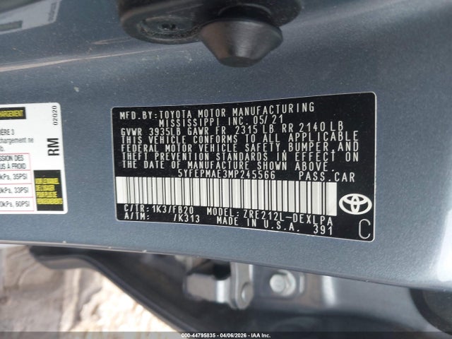 Aukcja sprzedaży 2021 Toyota Corolla Le, vin: 5YFEPMAE3MP245566, numer aukcji: 44795835