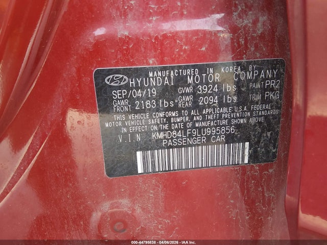 44795838 :رقم المزاد ، KMHD84LF9LU995856 vin ، 2020 Hyundai Elantra Value Edition مزاد بيع