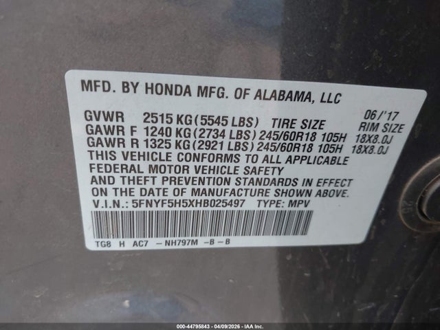 Продажа на аукционе авто 2017 Honda Pilot Ex-l, vin: 5FNYF5H5XHB025497, номер лота: 44795843