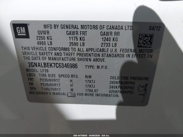 Продаж на аукціоні авто 2012 Chevrolet Equinox Ls, vin: 2GNALBEK7C6346986, номер лоту: 44795855