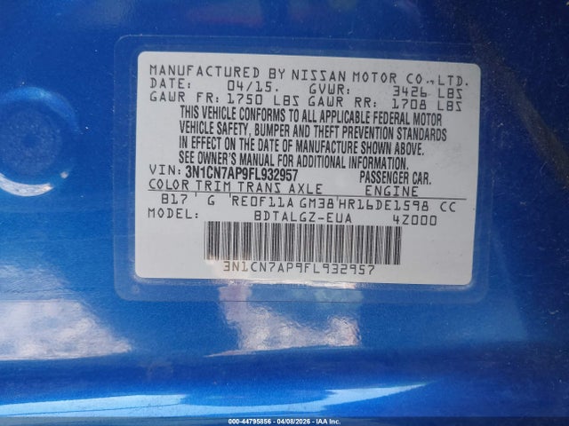 3N1CN7AP9FL932957 Nissan Versa 1.6 Sl